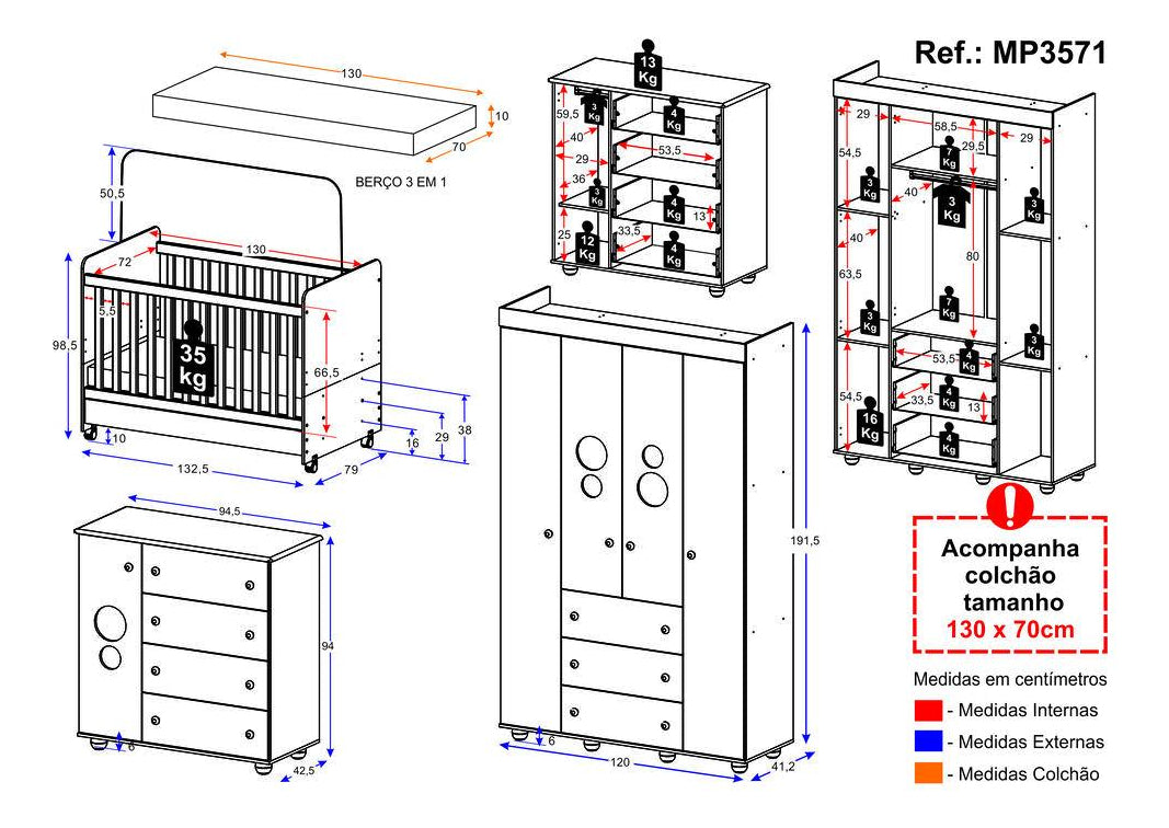 Quarto Bebê Completo Infantil com Guarda-Roupa Cômoda Berço e Colchão Incluso Pimpolho Multimóveis Branco 1 ano de garantia
