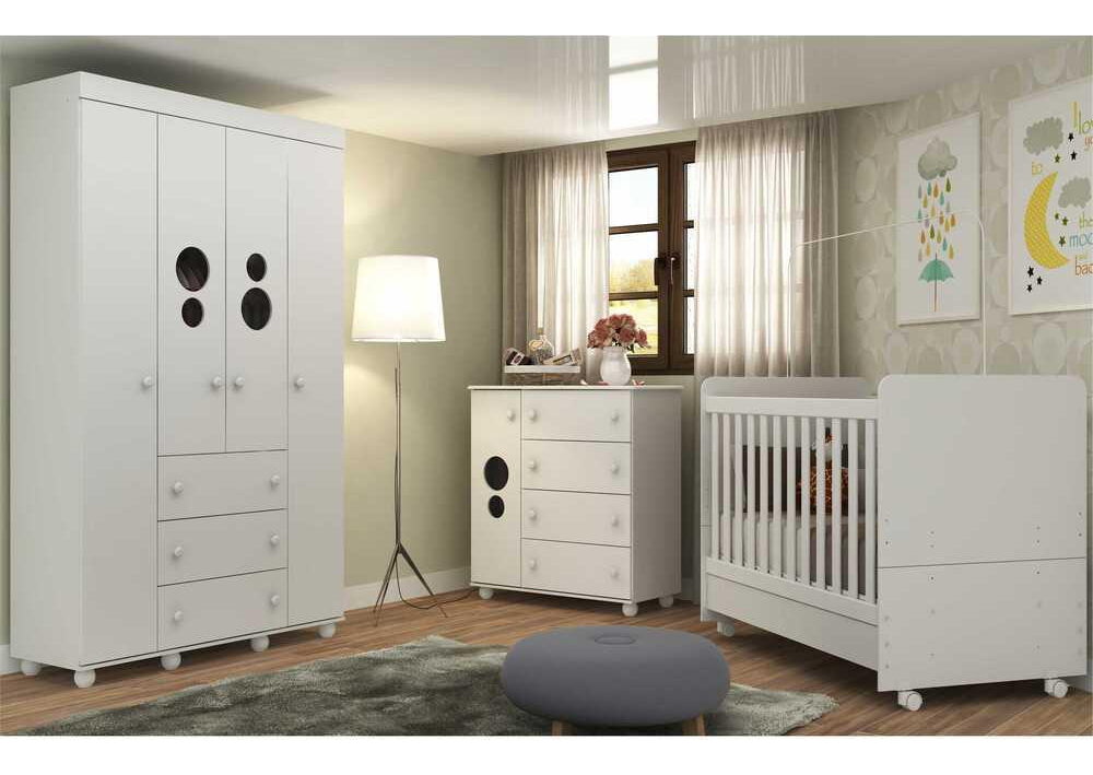 Quarto Bebê Completo Infantil com Guarda-Roupa Cômoda Berço e Colchão Incluso Pimpolho Multimóveis Branco 1 ano de garantia