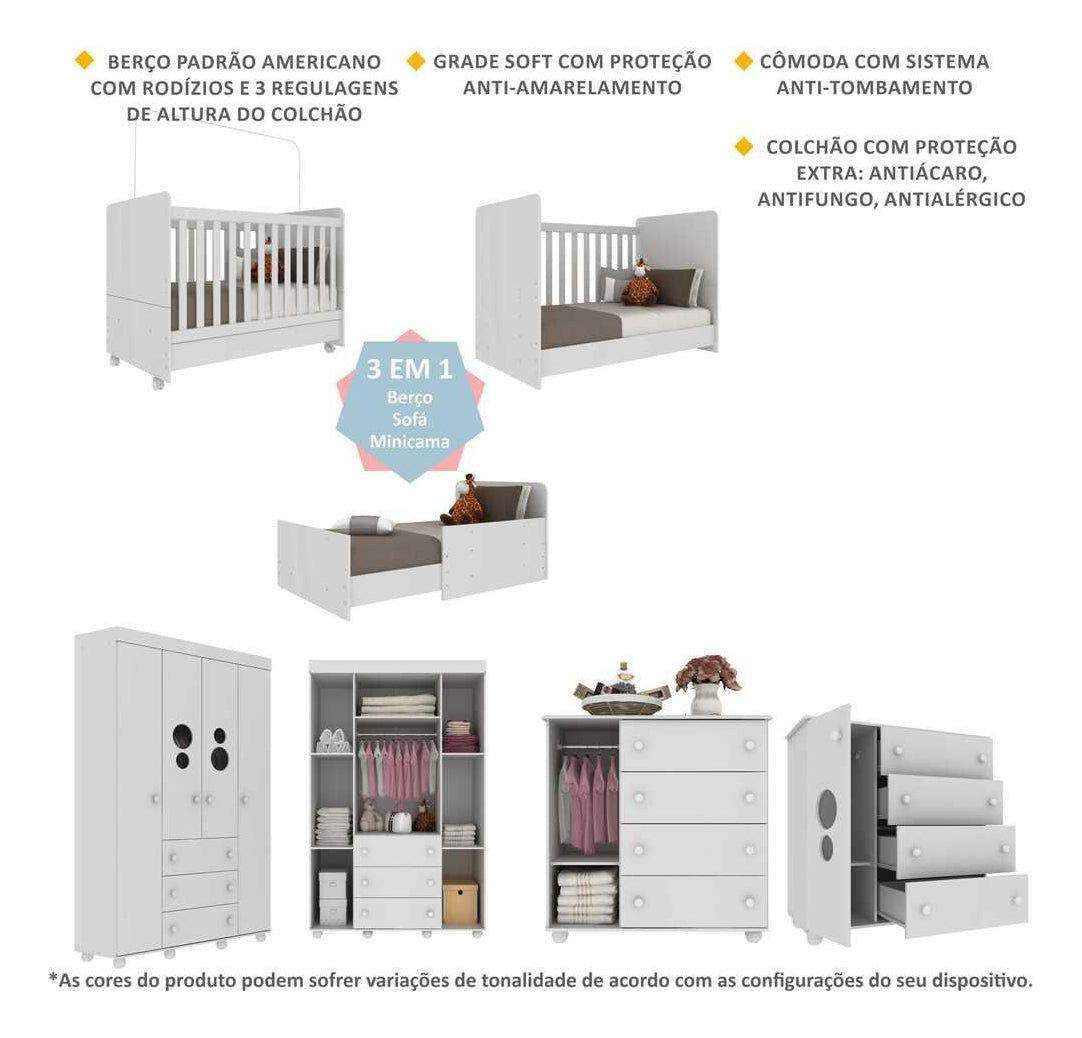 Quarto Bebê Completo Infantil com Guarda-Roupa Cômoda Berço e Colchão Incluso Pimpolho Multimóveis Branco 1 ano de garantia