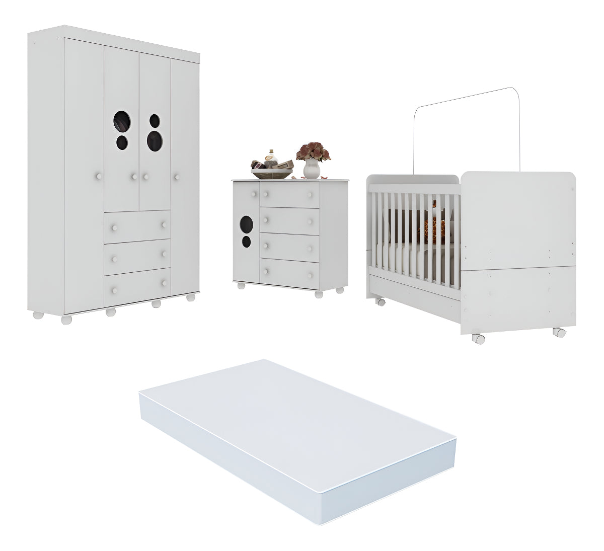 Quarto Bebê Completo Infantil com Guarda-Roupa Cômoda Berço e Colchão Incluso Pimpolho Multimóveis Branco 1 ano de garantia