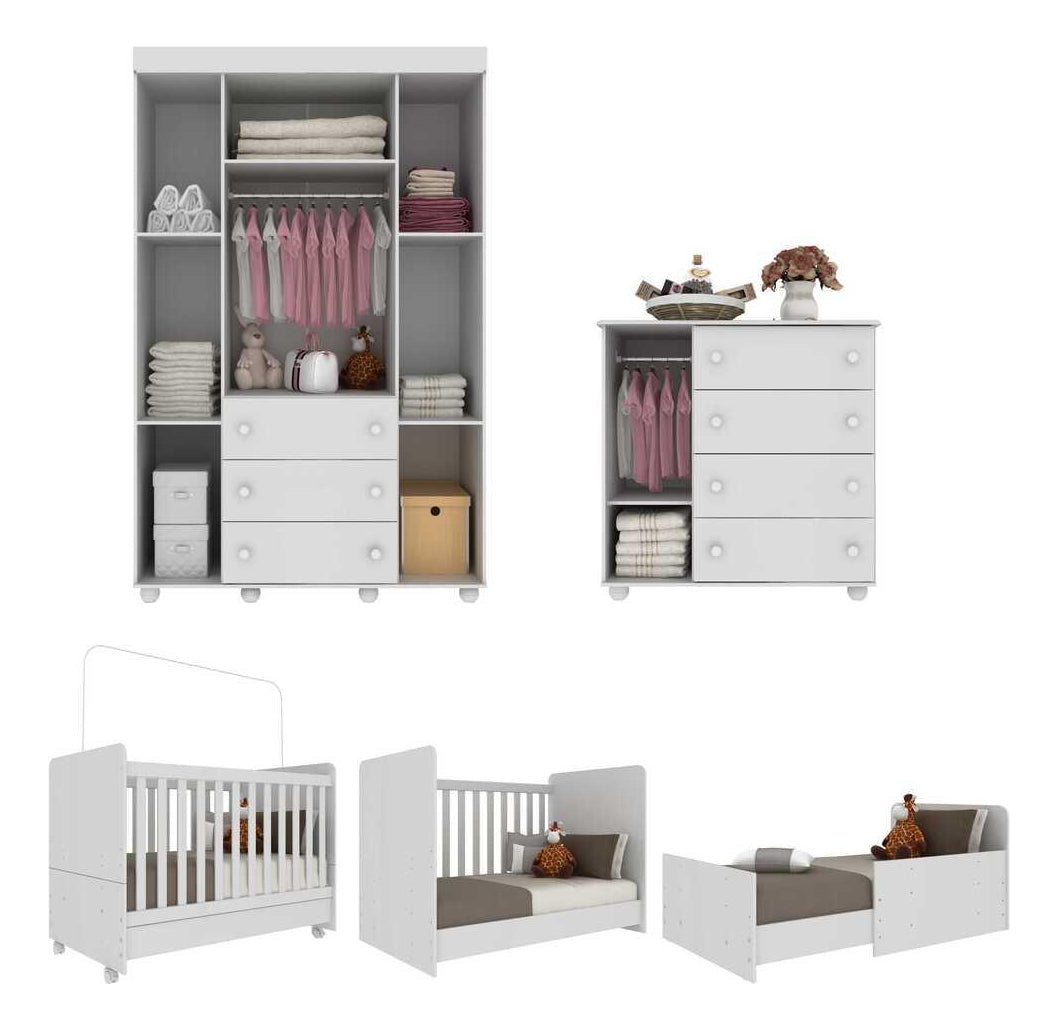 Quarto Bebê Completo Infantil com Guarda-Roupa Cômoda Berço e Colchão Incluso Pimpolho Multimóveis Branco 1 ano de garantia